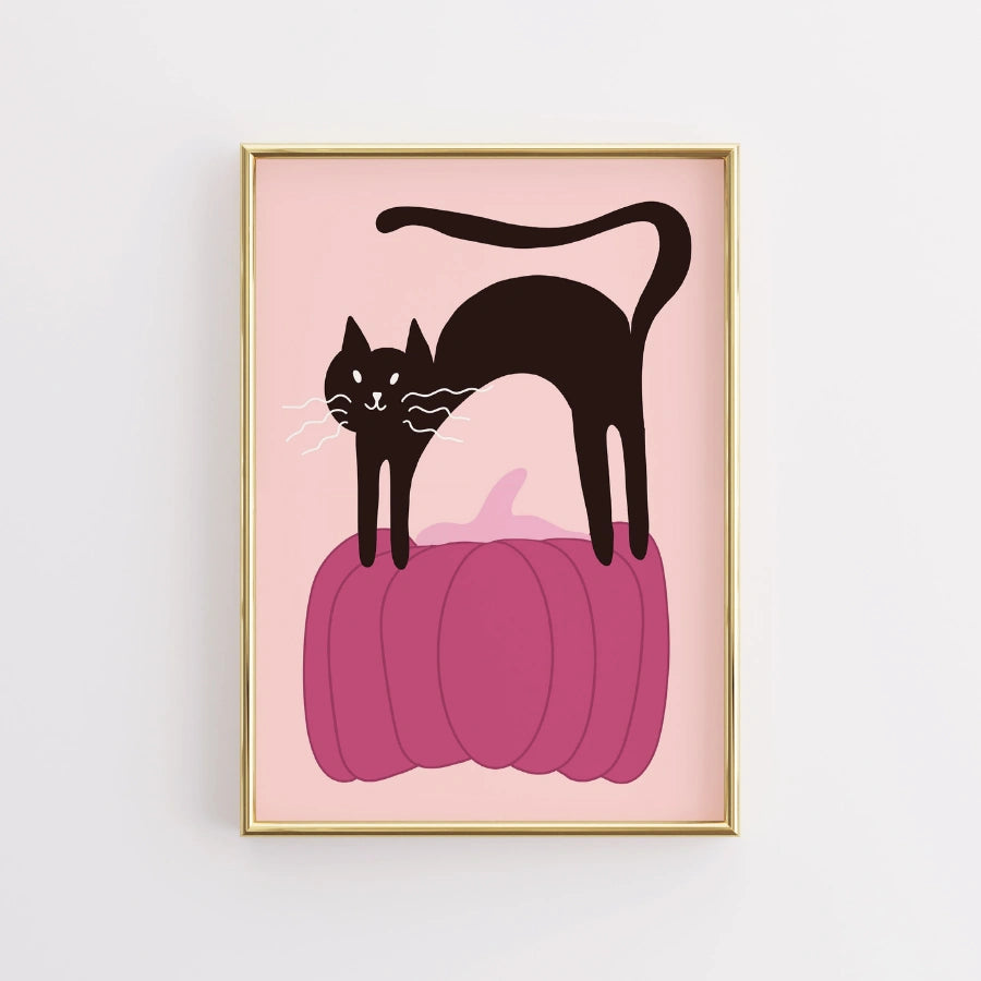 Stampa di gatto zucca rosa - Decorazione murale di Halloween con gattino nero