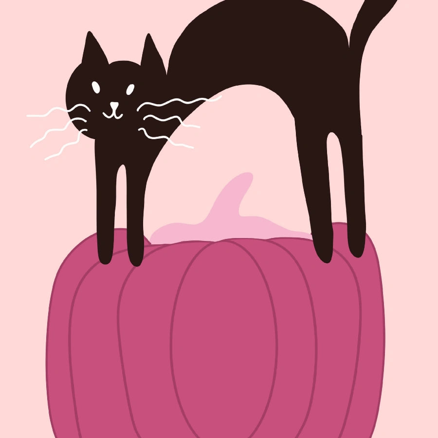 Stampa di gatto zucca rosa - Decorazione murale di Halloween con gattino nero