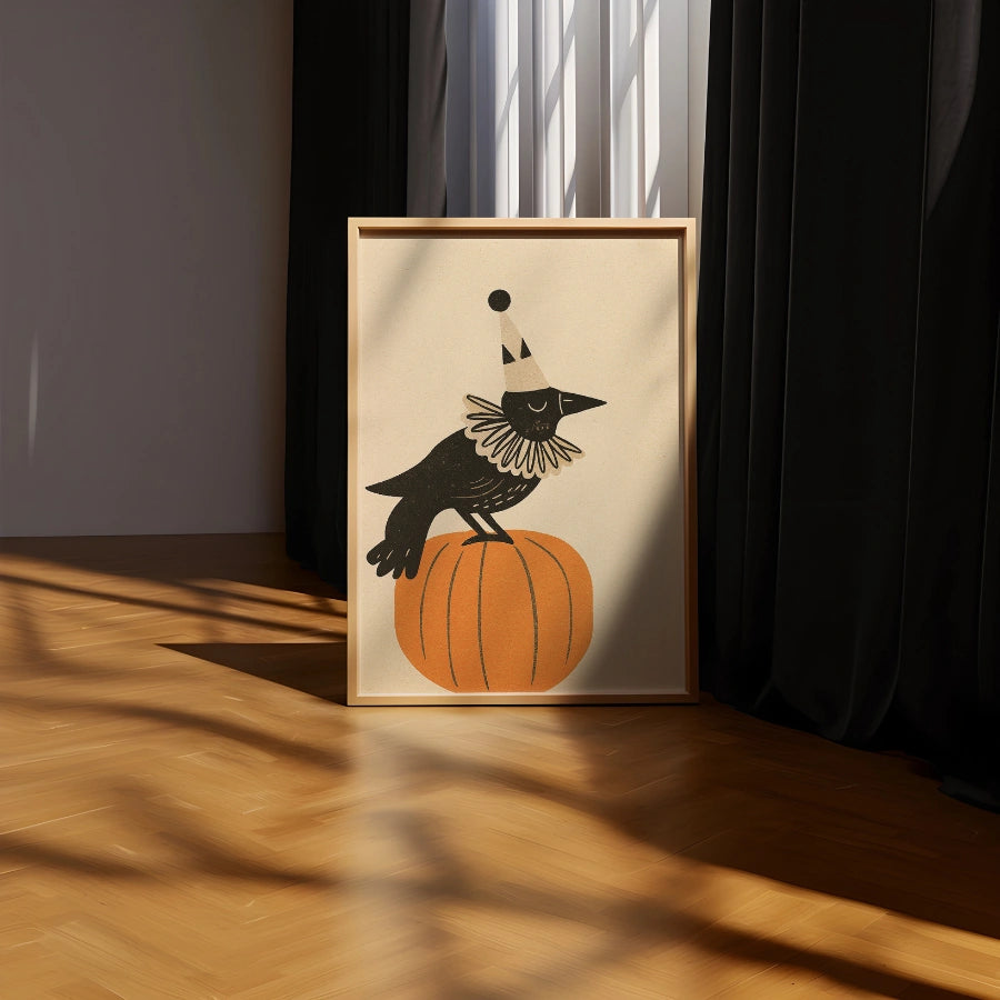 Stampa di Halloween con corvo pagliaccio – Divertente arte murale con corvo su zucca