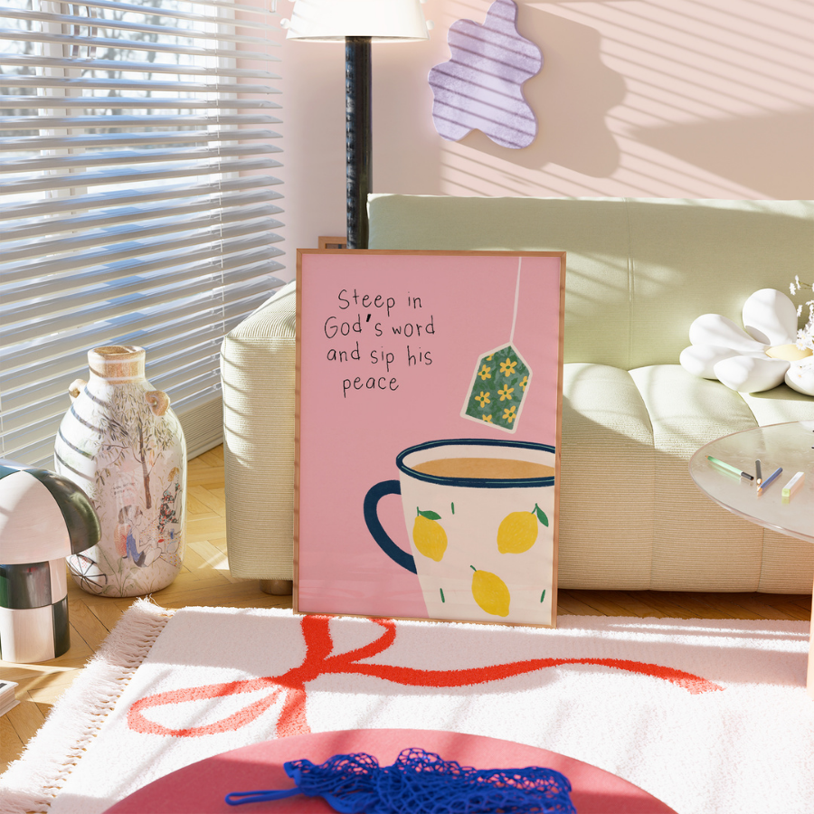 Arte murale cristiana "Tè con Gesù" - Immergiti nella Parola di Dio