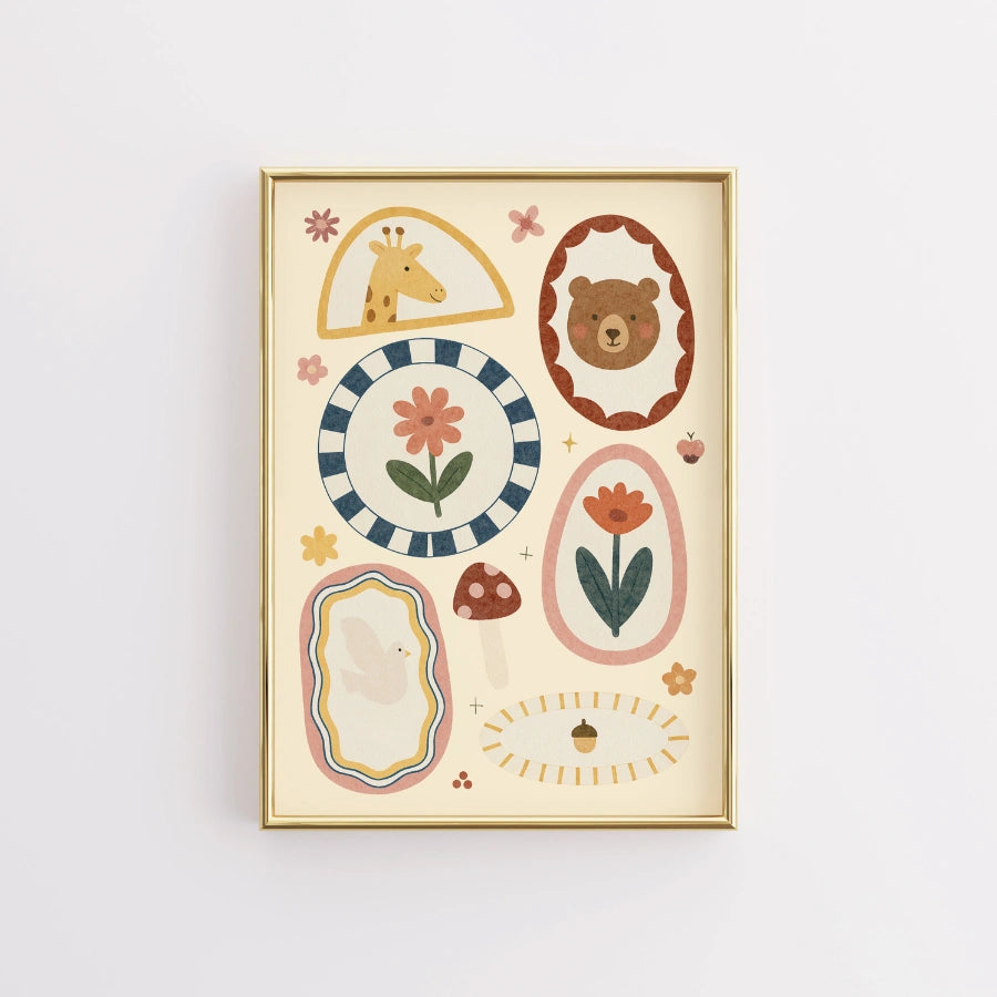 Stampa per cameretta con animali e fiori - Decorazione murale con orsi e giraffe stravaganti