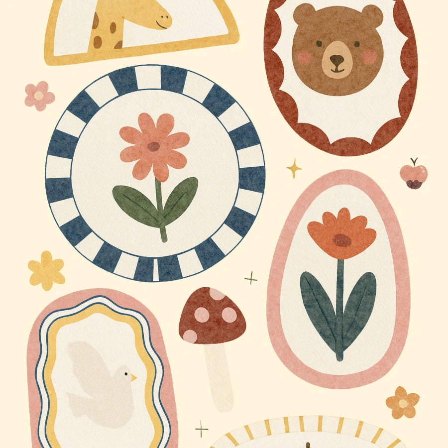 Stampa per cameretta con animali e fiori - Decorazione murale con orsi e giraffe stravaganti