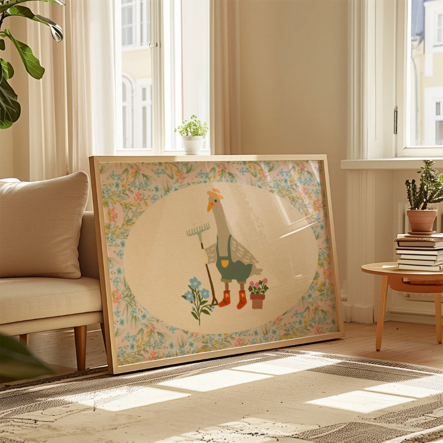 Stampa vintage per cameretta dei bambini con oca da giardinaggio – Arte murale retrò con animali