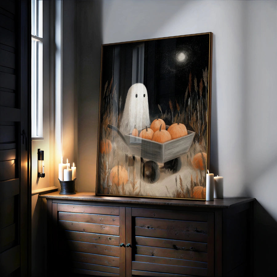 Stampa di Halloween con fantasma di zucca – Arte murale spettrale per una notte autunnale