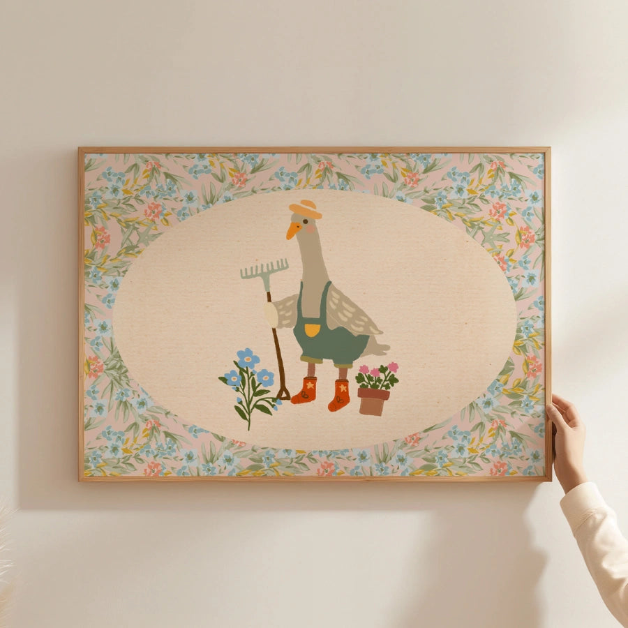 Stampa vintage per cameretta dei bambini con oca da giardinaggio – Arte murale retrò con animali