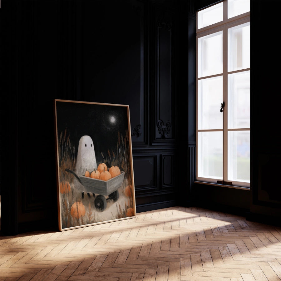 Stampa di Halloween con fantasma di zucca – Arte murale spettrale per una notte autunnale