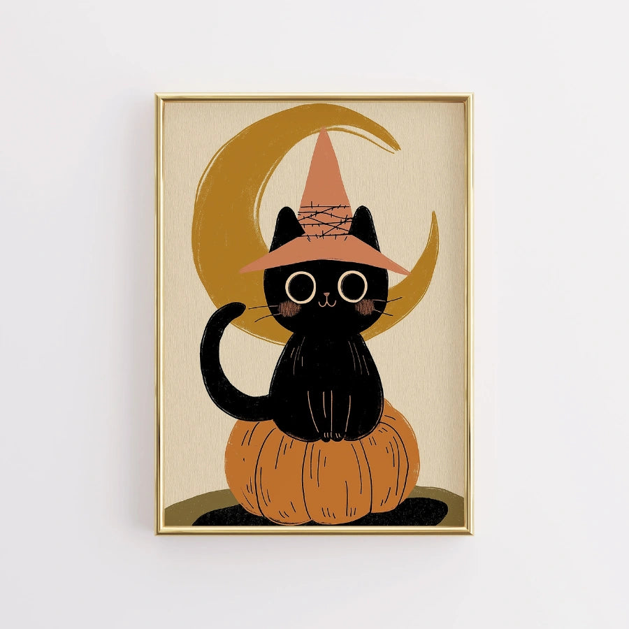 Stampa di Halloween con gatto strega - Simpatico gatto nero su zucca da parete