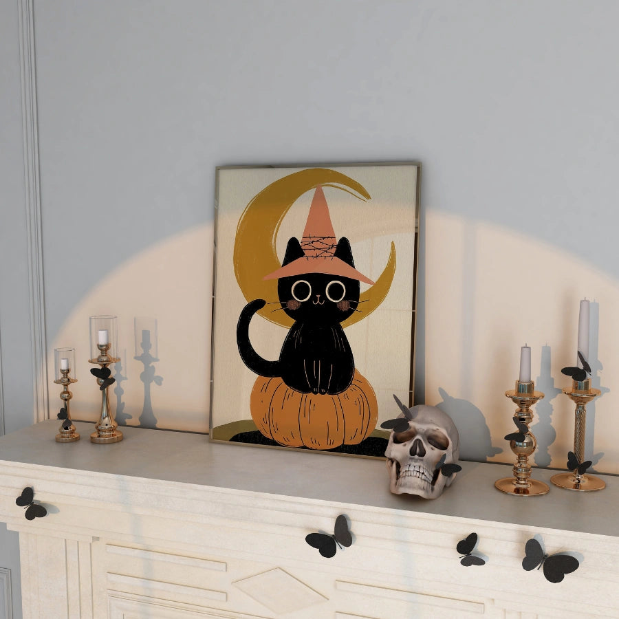 Stampa di Halloween con gatto strega - Simpatico gatto nero su zucca da parete