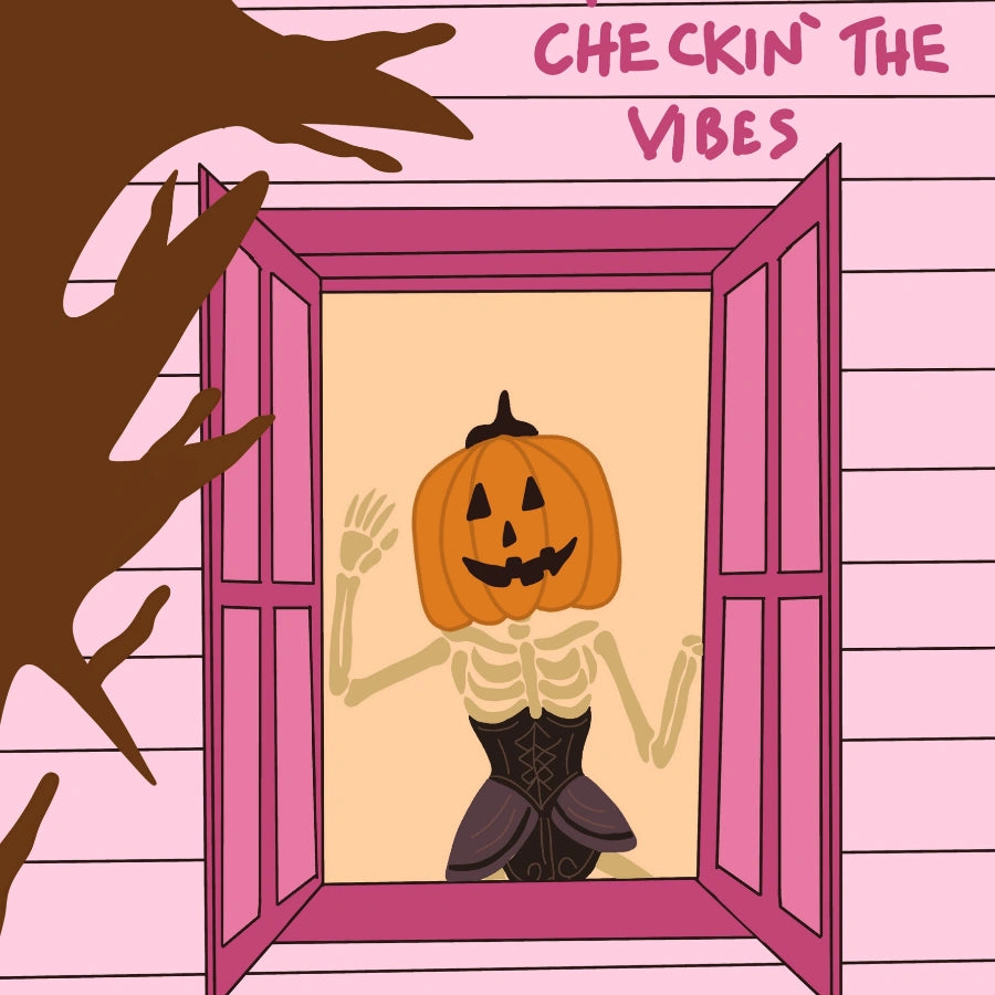 Stampa per finestra con ragazza zucca – Decorazione murale rosa di Halloween