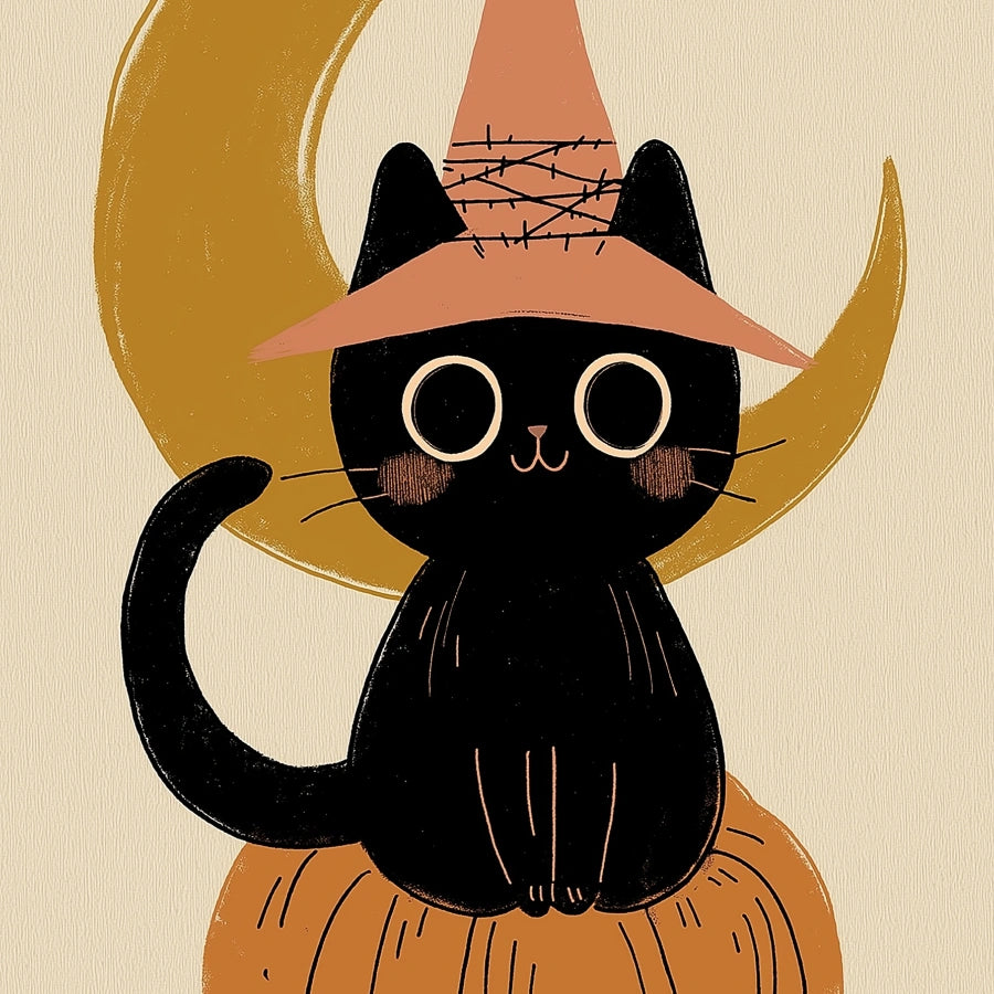 Stampa di Halloween con gatto strega - Simpatico gatto nero su zucca da parete