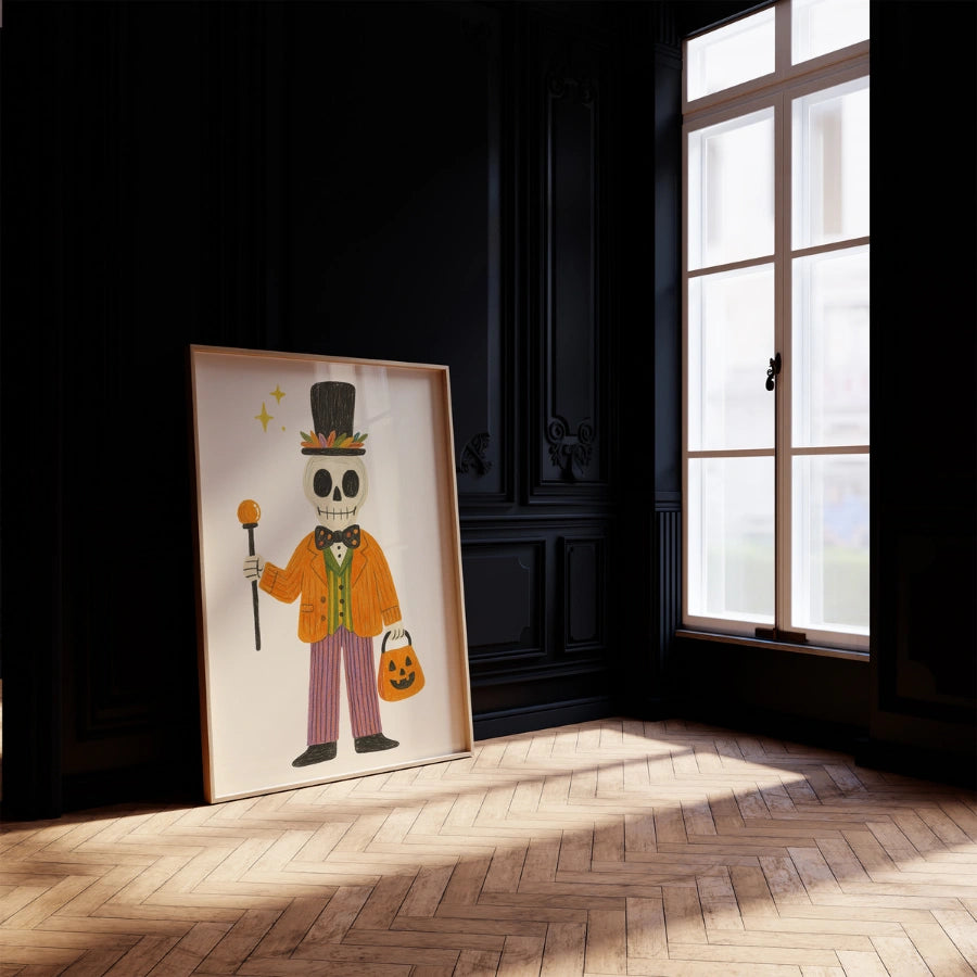 Stampa di Halloween con scheletro elegante – Graziosa arte murale retrò