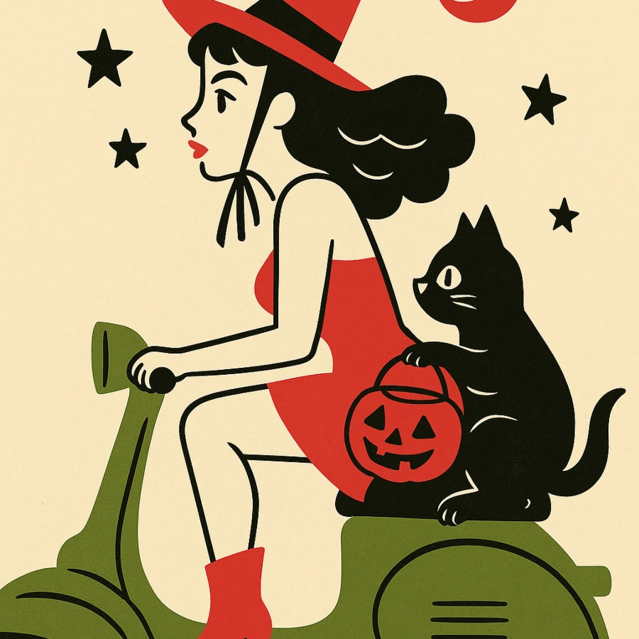 Stampa di Halloween con strega retrò su scooter – Graziosa decorazione murale con gatto nero