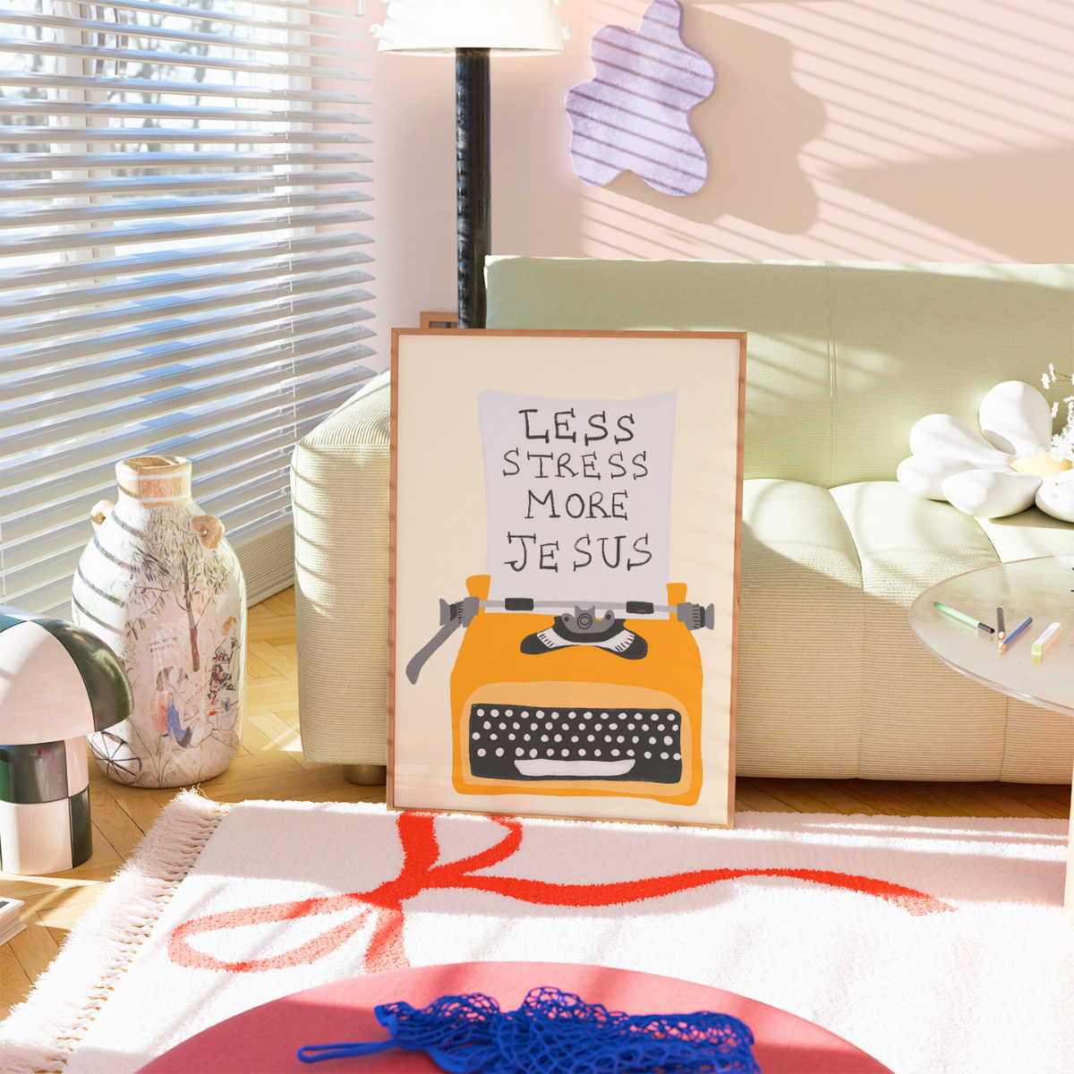 Stampa Meno stress, più Gesù – Arte murale cristiana con macchina da scrivere retrò