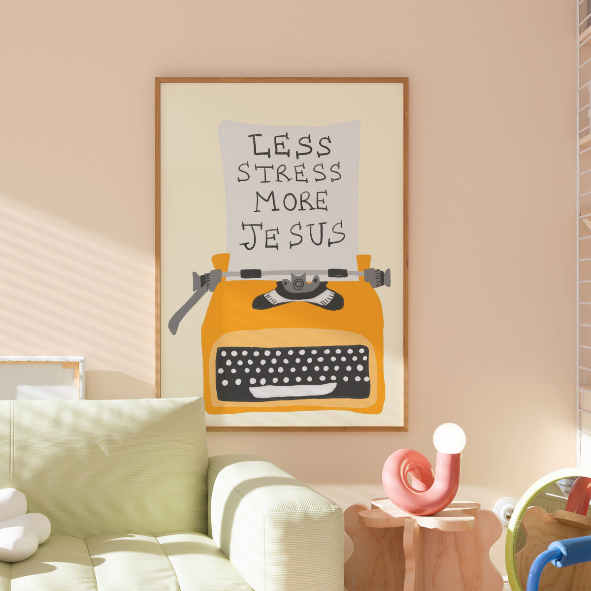 Stampa Meno stress, più Gesù – Arte murale cristiana con macchina da scrivere retrò
