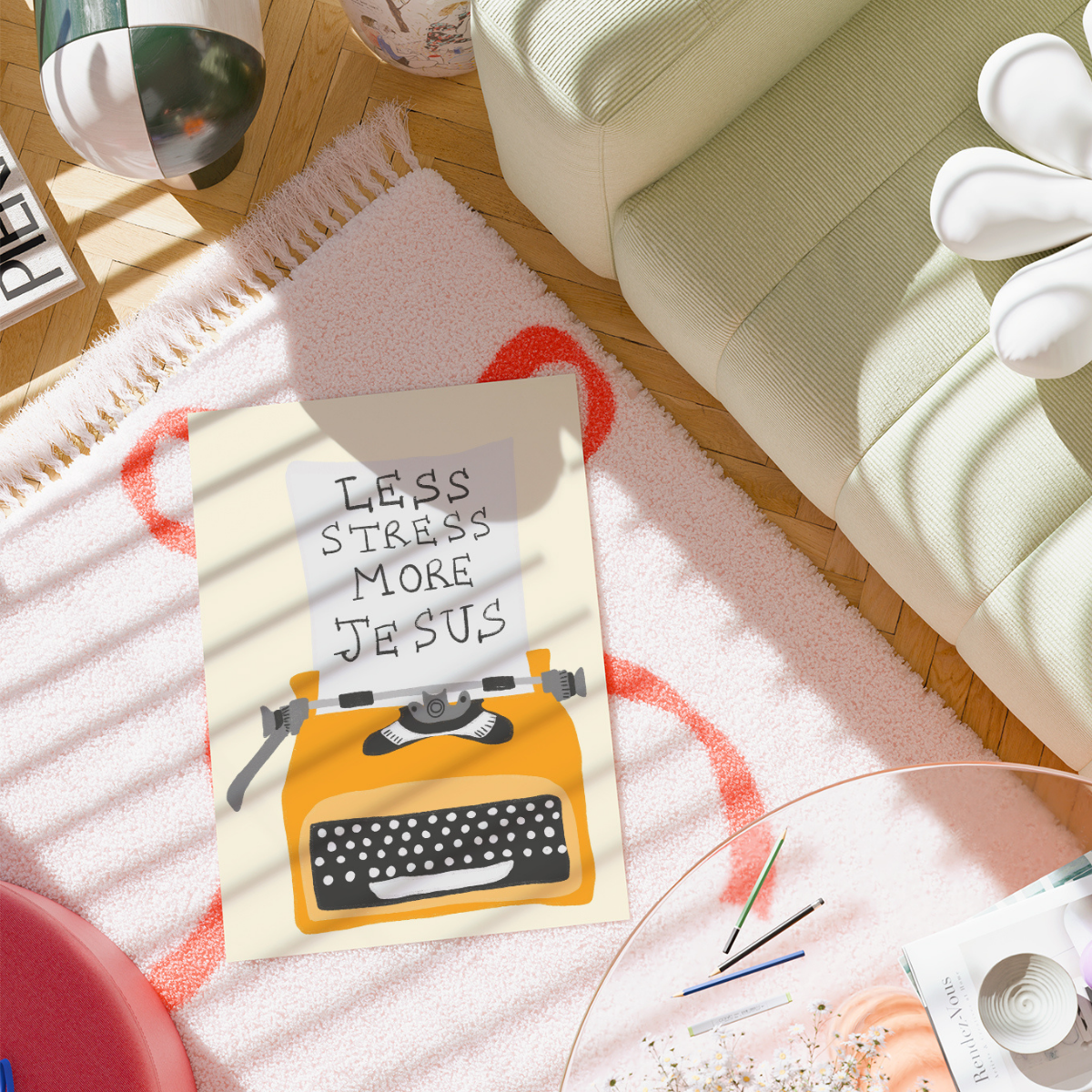 Stampa Meno stress, più Gesù – Arte murale cristiana con macchina da scrivere retrò