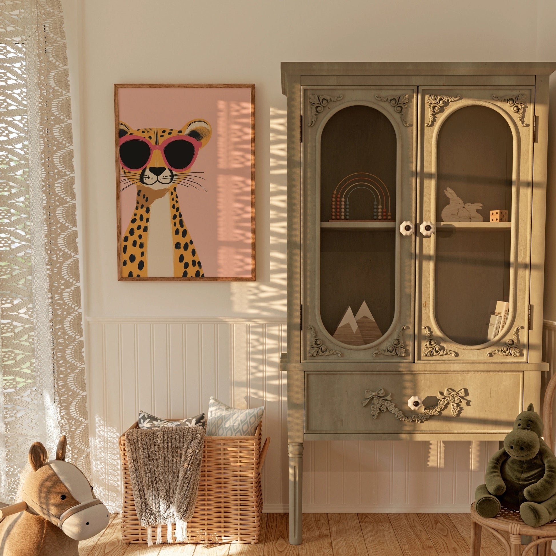 Fantastica stampa murale con ghepardo - Stampa animale safari nella giungla rosa