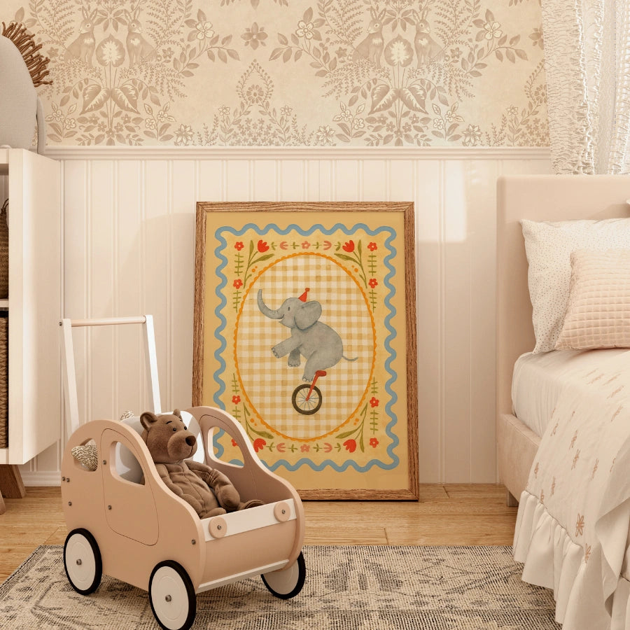 Stampa per cameretta con elefante da circo - Simpatica decorazione murale con animali