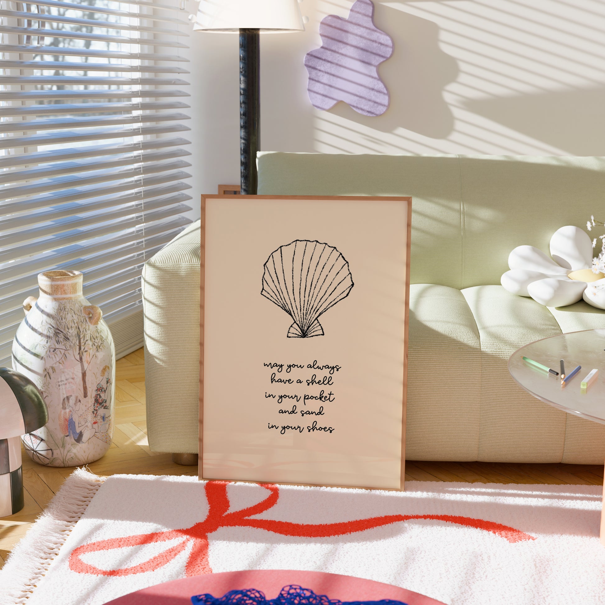 Decorazione murale con conchiglie gialle - Stampa costiera alla moda