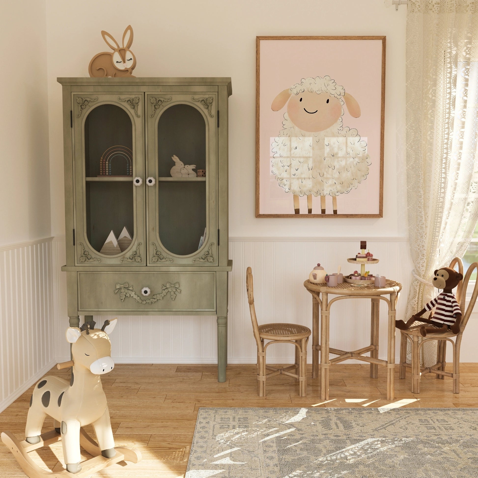 Decorazione murale con simpatica pecora - Stampa animalier rosa cipria per cameretta dei bambini