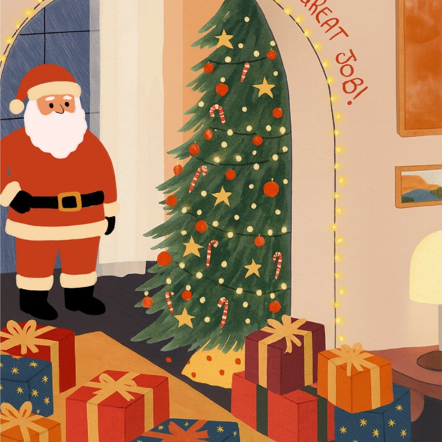 Babbo Natale orgoglioso dei suoi doni - Stampa murale divertente di Natale