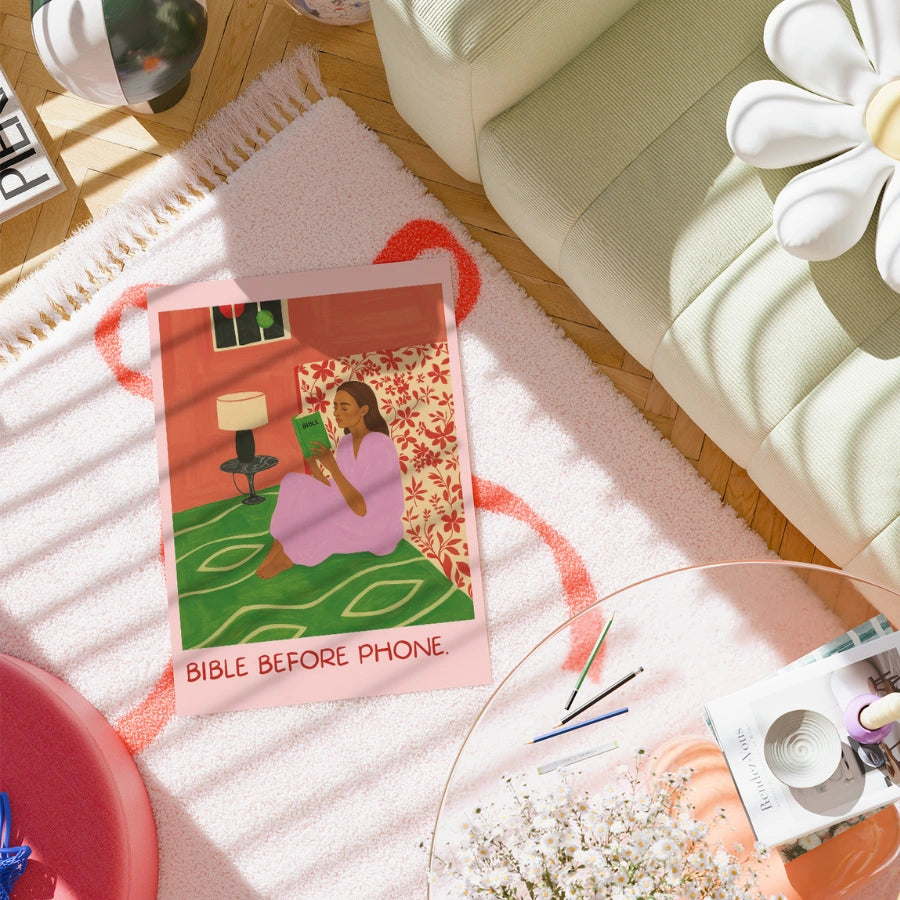 Arte murale "Bibbia prima del telefono" - Stampa cristiana sulla routine mattutina