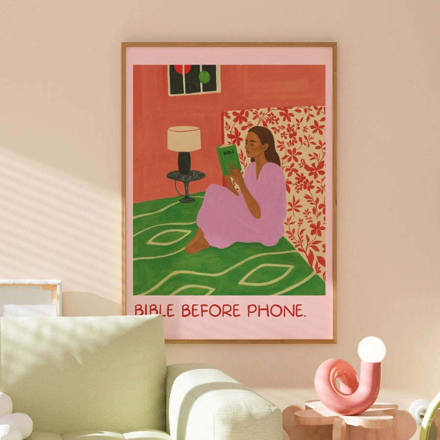 Arte murale "Bibbia prima del telefono" - Stampa cristiana sulla routine mattutina