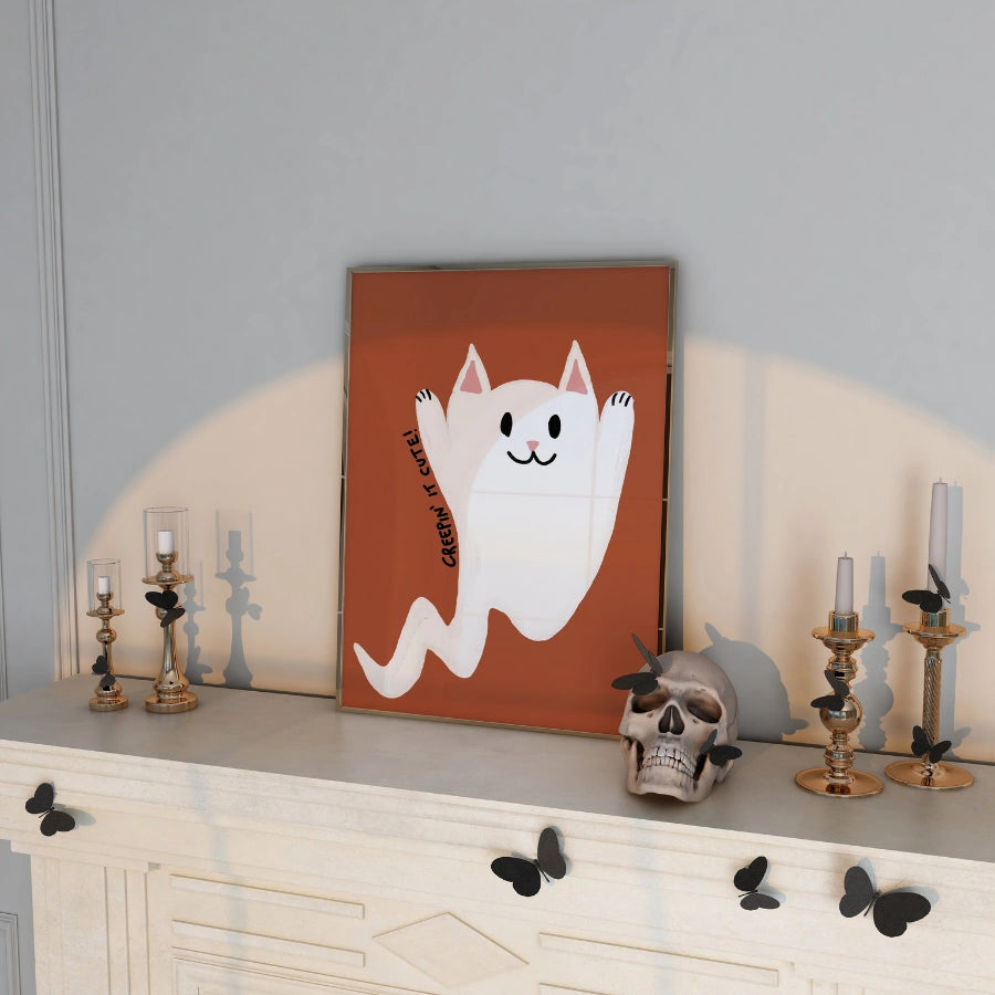 Decorazione murale con gatto fantasma – Graziosa stampa di Halloween