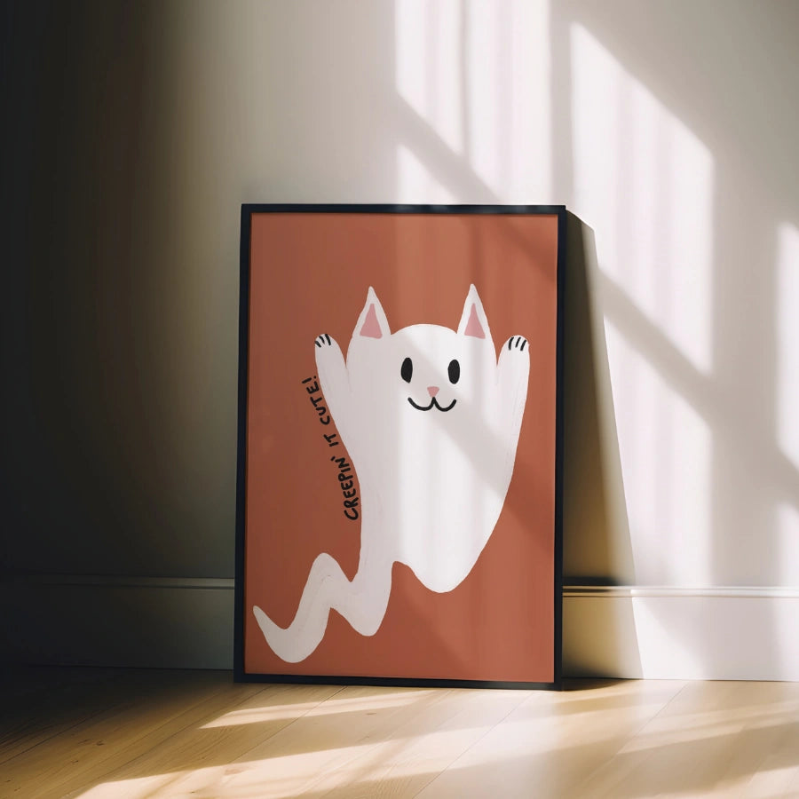 Decorazione murale con gatto fantasma – Graziosa stampa di Halloween