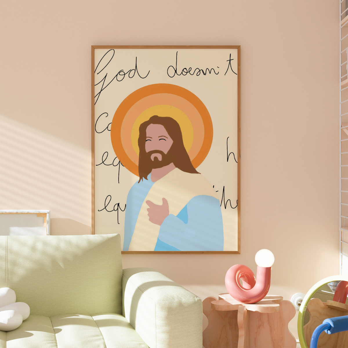 Dio ti chiama: divertente e alla moda decorazione murale di Gesù