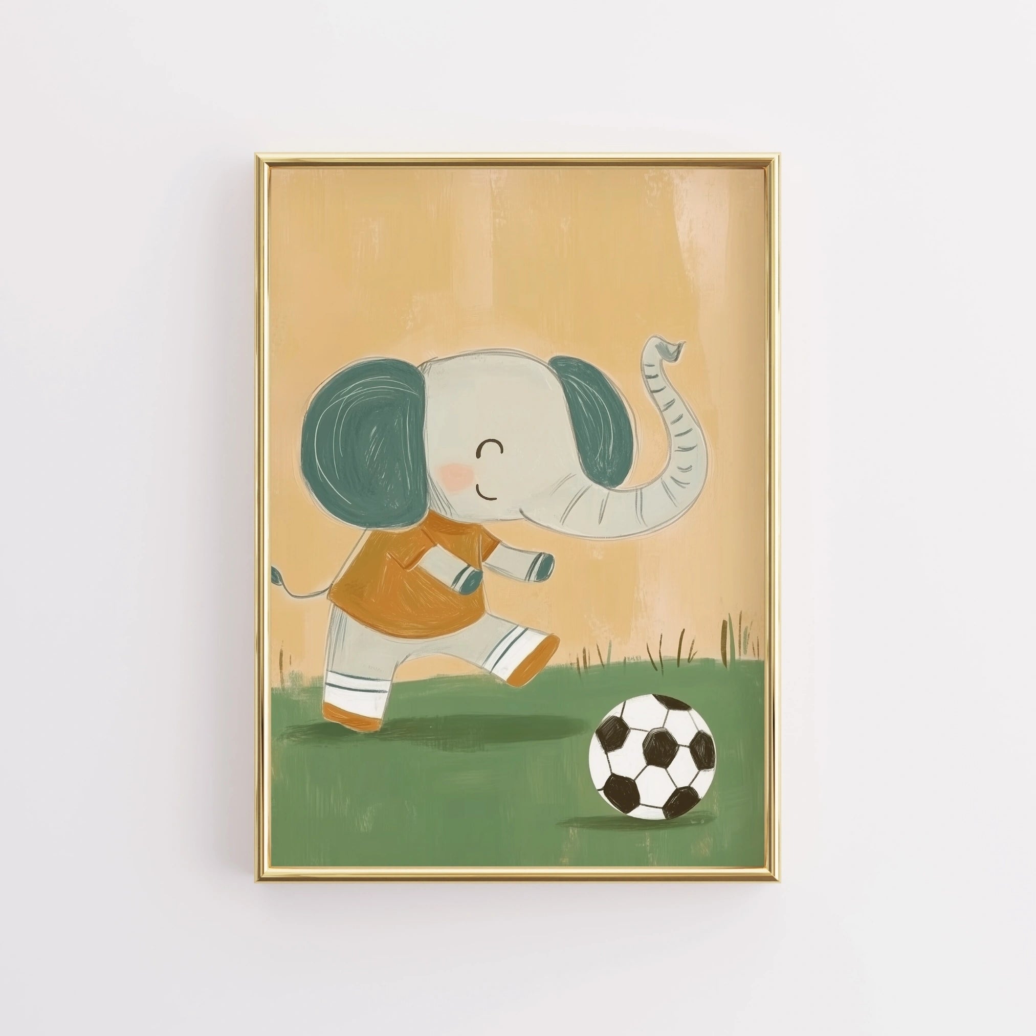 Arte murale con elefante da calcio – Stampa per cameretta dei bambini con tema calcio