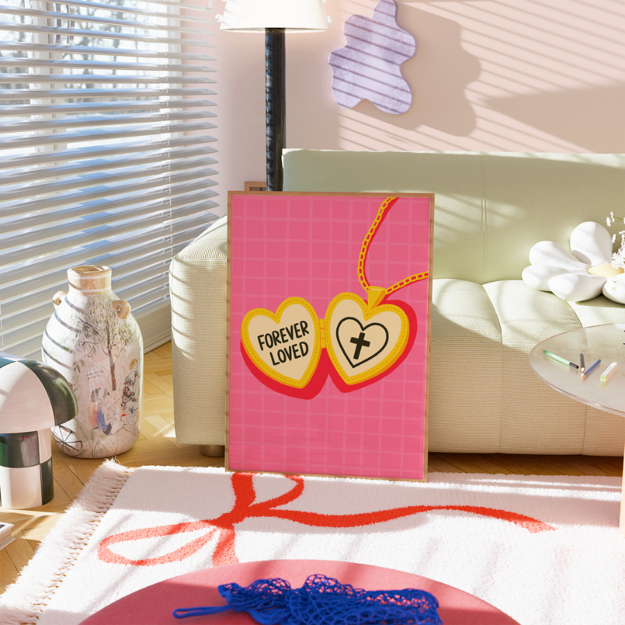 Arte murale cristiana per sempre amata – Collana con croce a forma di cuore rosa