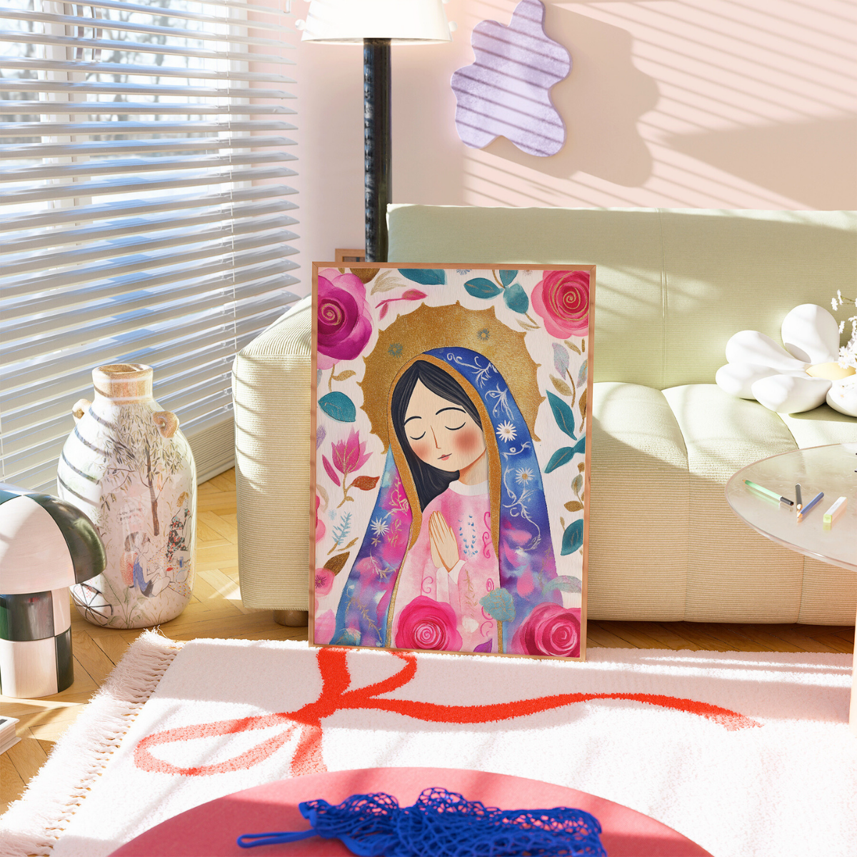 Stampa della Santa Maria – Arte murale cattolica floreale