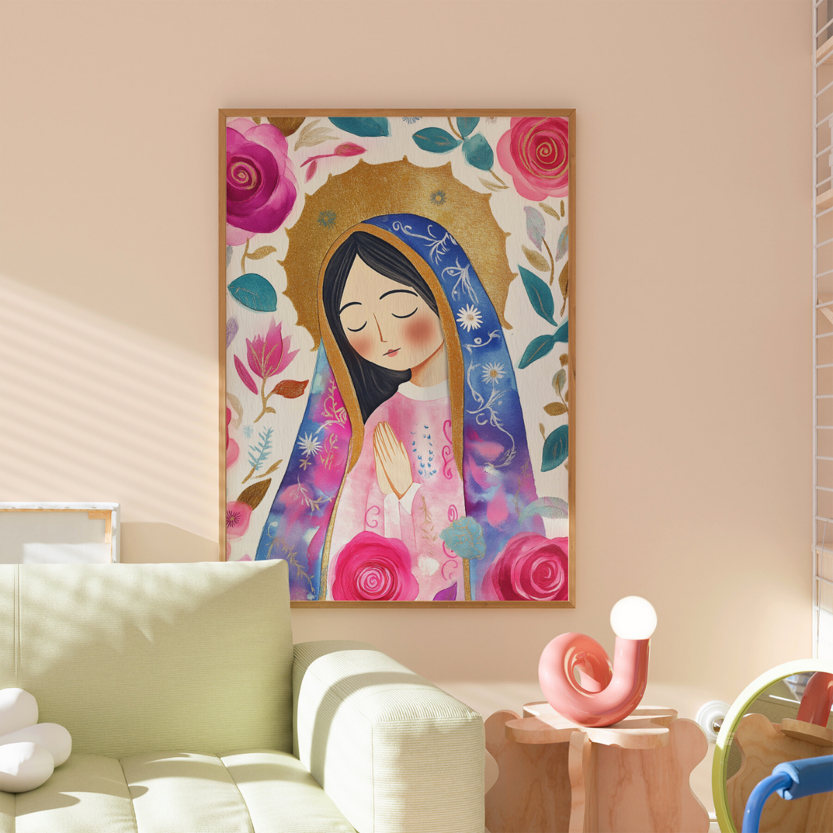 Stampa della Santa Maria – Arte murale cattolica floreale