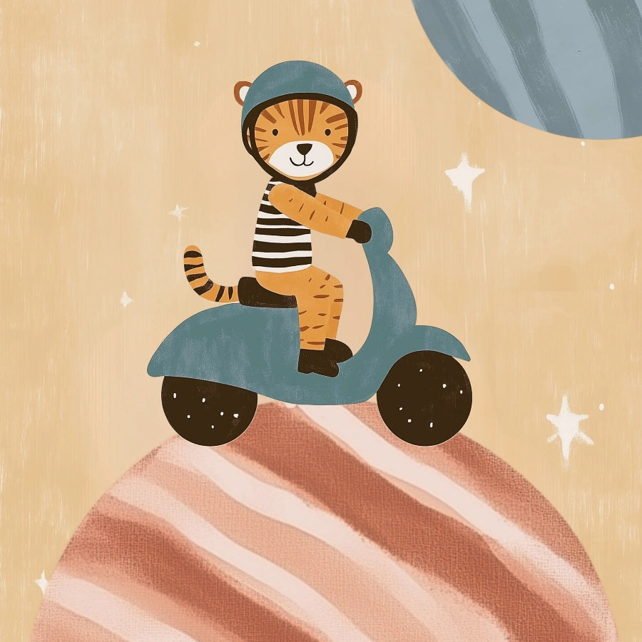 Stampa murale "Tigre su scooter" - Avventura spaziale per bambini