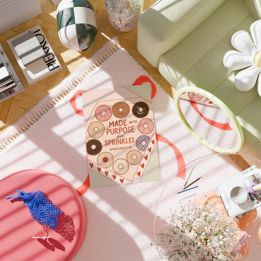 Arte murale cristiana realizzata con uno scopo preciso: stampa di un grazioso versetto biblico con ciambella