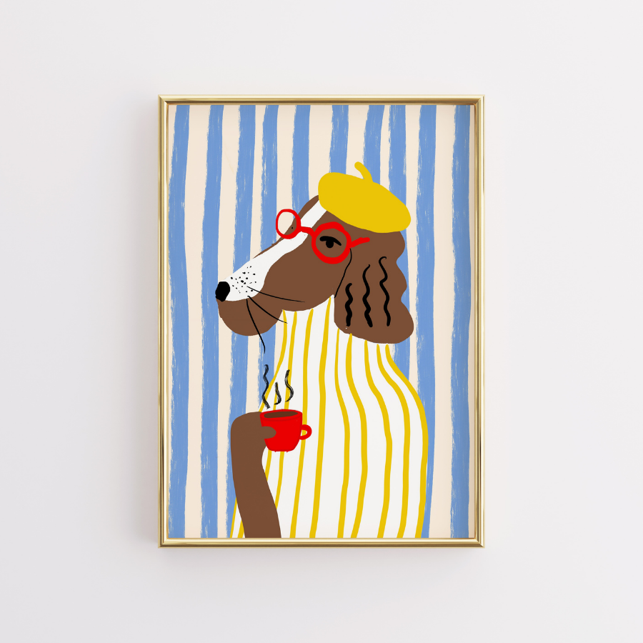 Stampa artistica di un cane parigino – Arte murale divertente e massimalista