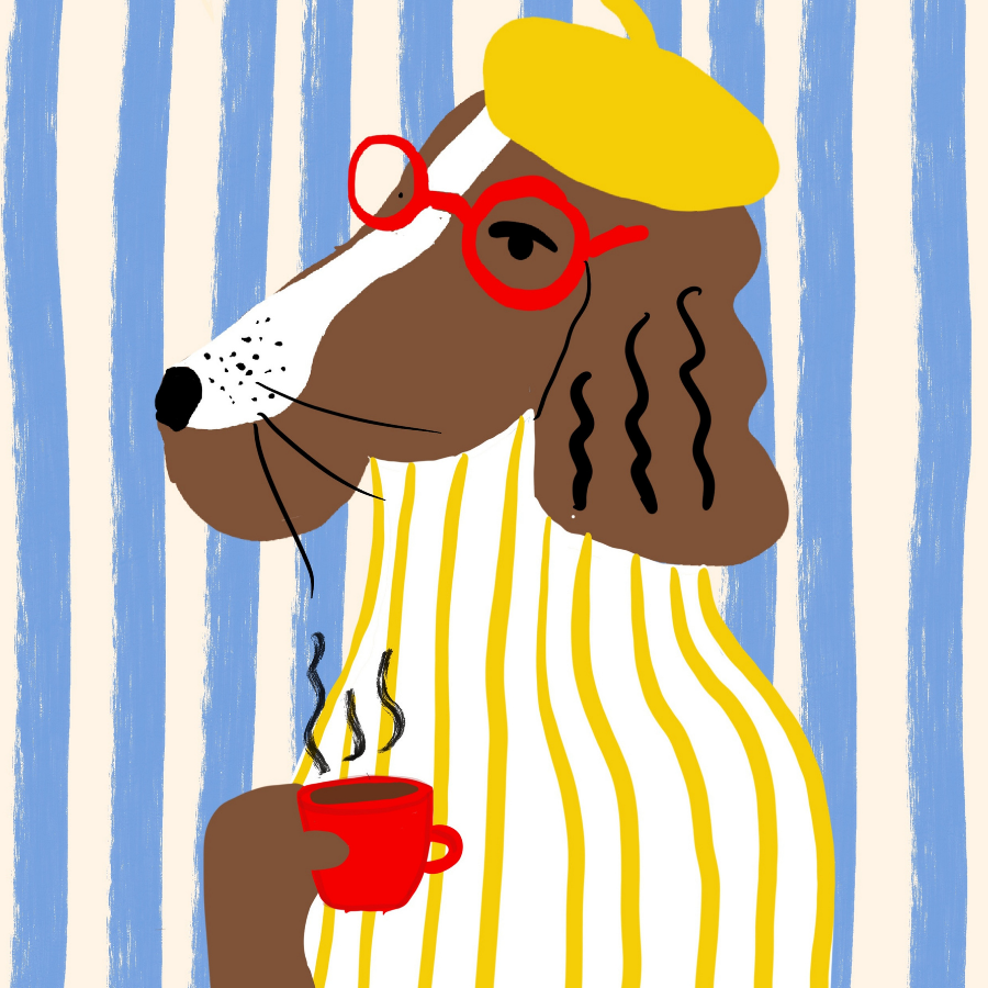 Stampa artistica di un cane parigino – Arte murale divertente e massimalista