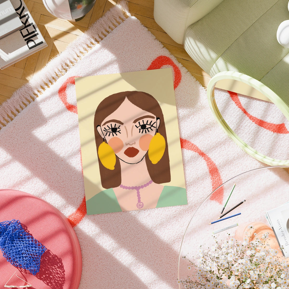 Stampa di orecchini al limone – Ritratto femminile audace da parete