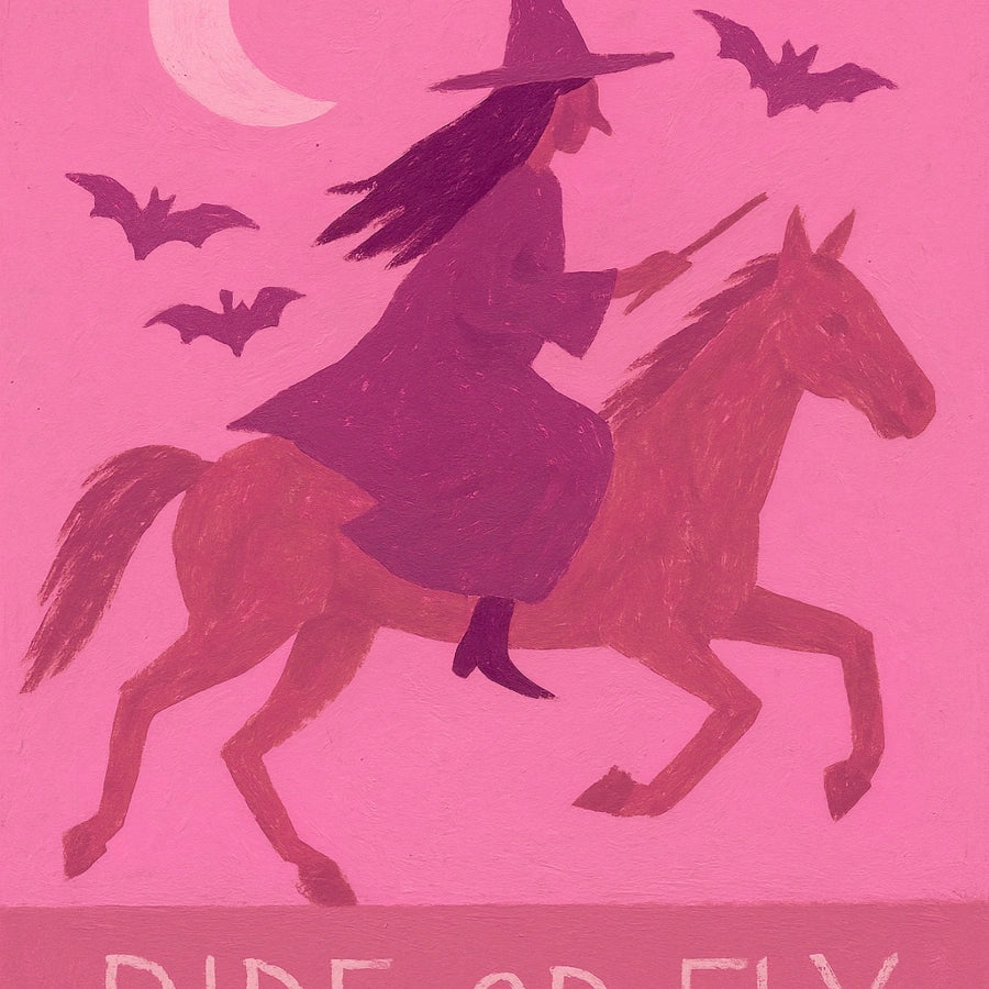 Stampa retrò di strega a cavallo – Ride or Fly Pink Wall Art di Halloween