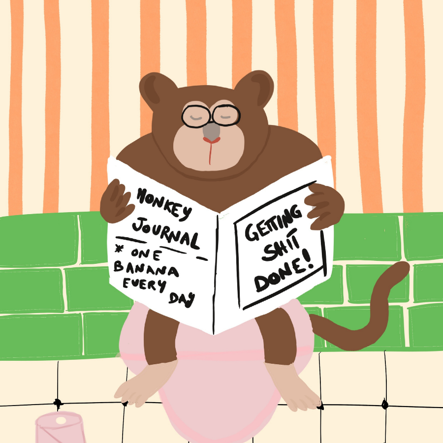 Divertente arte murale per il bagno raffigurante una scimmia – Poster per il bagno massimalista