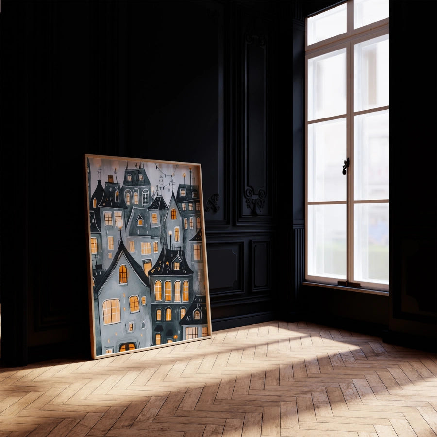 Stampa del villaggio infestato di Halloween - Accoglienti case gotiche da parete