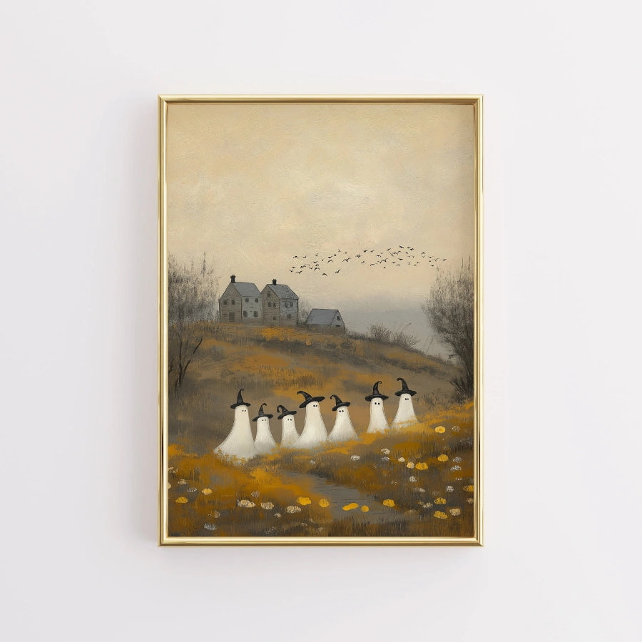 Stampa di Halloween con parata di fantasmi: spettrali fantasmi stregoneschi in un campo autunnale