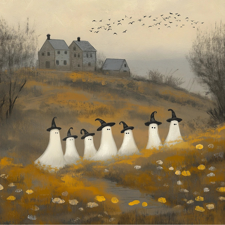 Stampa di Halloween con parata di fantasmi: spettrali fantasmi stregoneschi in un campo autunnale