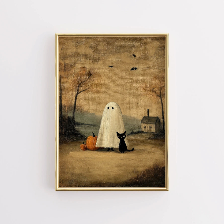 Arte murale con fantasma e gatto nero – Stampa vintage di Halloween