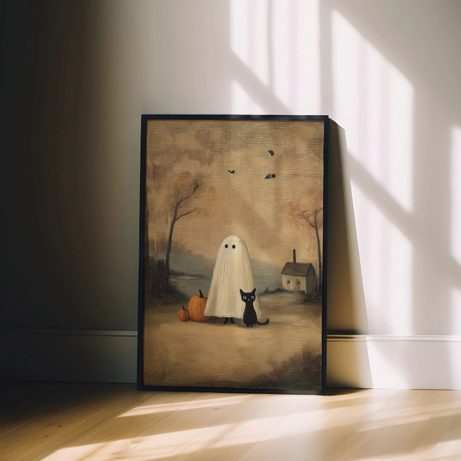 Arte murale con fantasma e gatto nero – Stampa vintage di Halloween