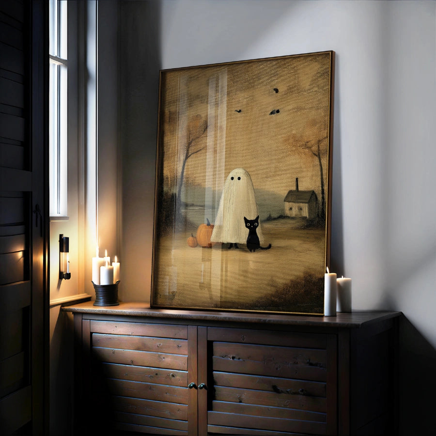 Arte murale con fantasma e gatto nero – Stampa vintage di Halloween