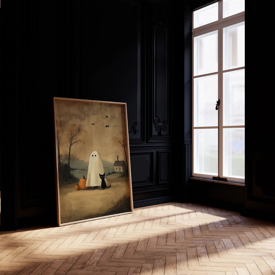 Arte murale con fantasma e gatto nero – Stampa vintage di Halloween