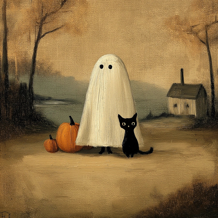 Arte murale con fantasma e gatto nero – Stampa vintage di Halloween