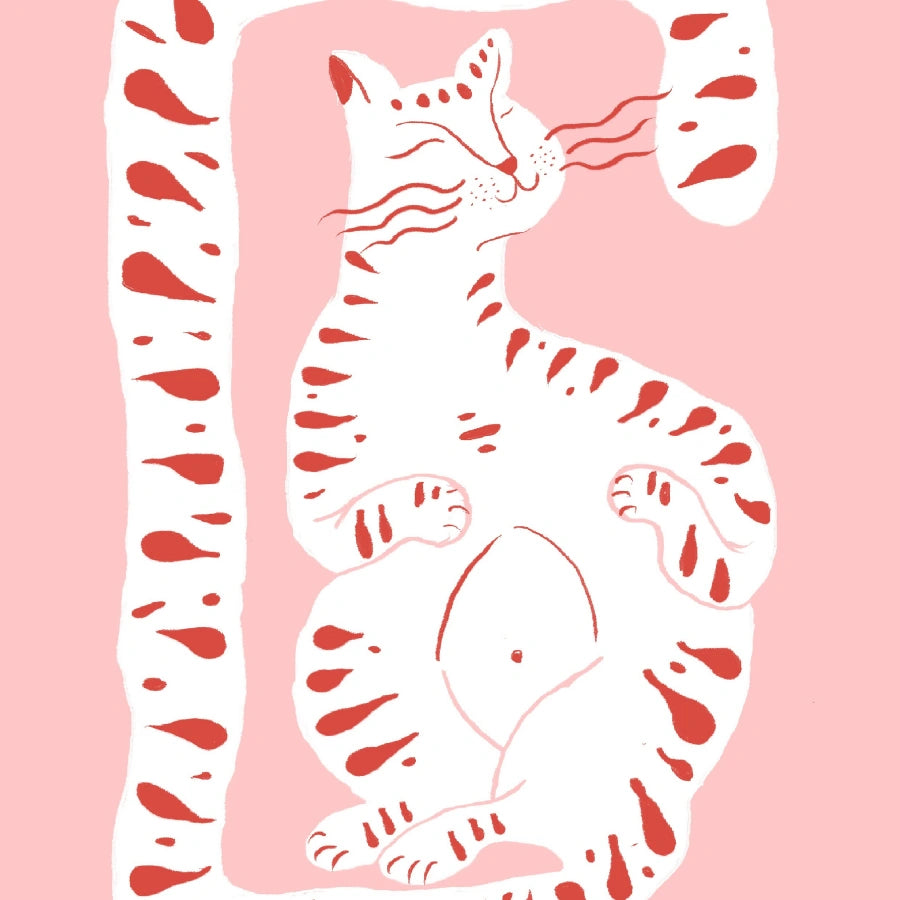 Arte murale con gatto stravagante – Stampa animalier massimalista rosa