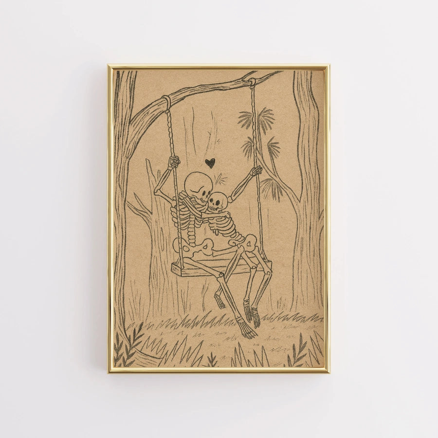 Stampa di coppia di scheletri su altalena – Arte romantica gotica di Halloween